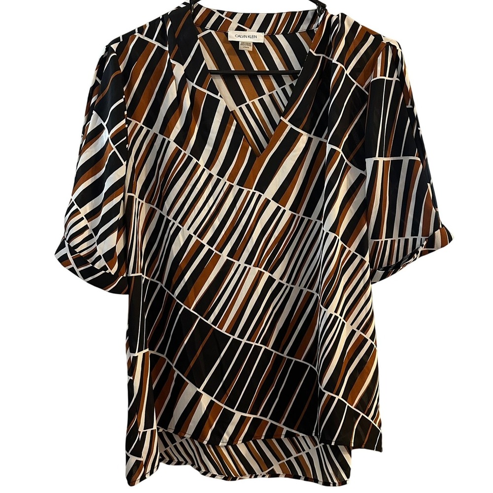 Calvin‎ Klein Women's Brown Geometric Print V Neck 3/4 Sleeve Blouse Size Large